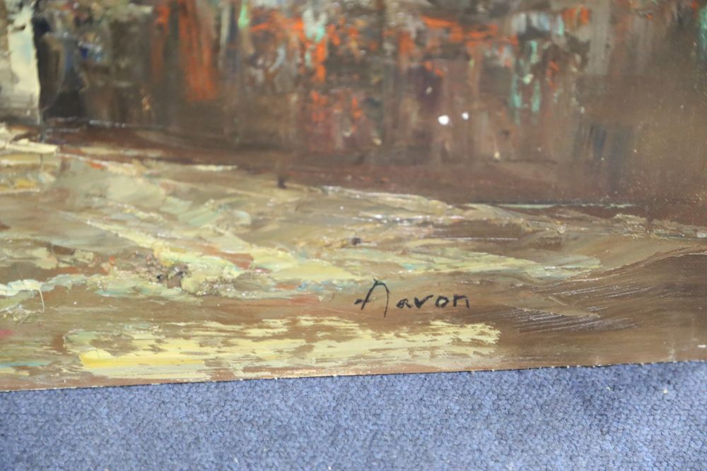 1950s French School, oil on board, Street scene, signed Arron, 61 x 91cm, unframed